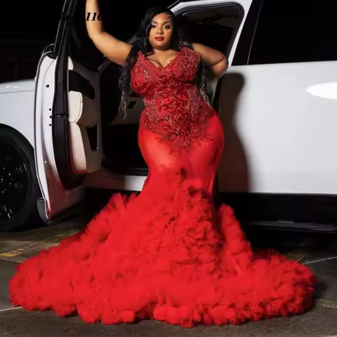 EVLAST Customized Shiny Red Mermaid Prom Dress Ruffles Crystal Beaded African Black Girls Party Gown