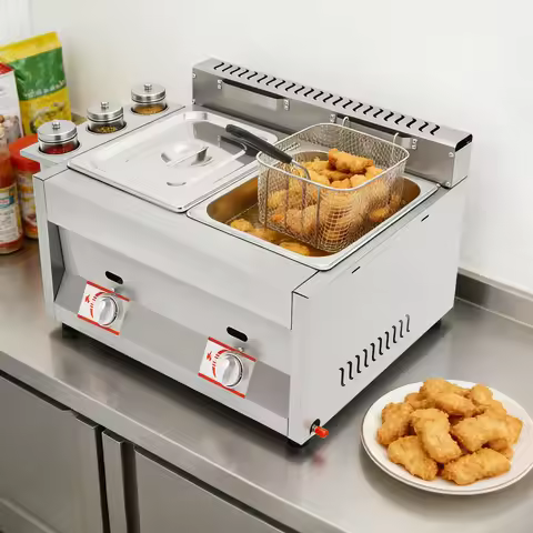 Gas Deep Fryer with Basket and Lid, Silver Commercial Deep Fryer, Stainless Steel Dual Tank Kitchen 