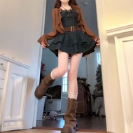 Melard retro style dress, strap denim dress, denim cake dress, women's cardigan