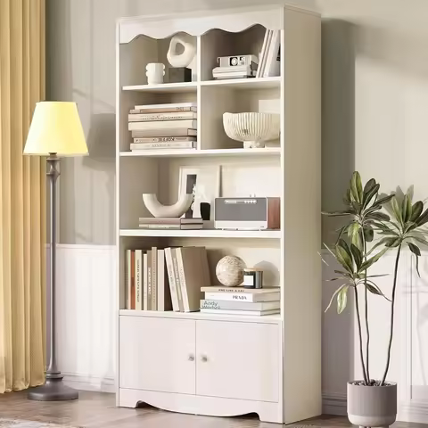 Beige Modern 63 Tall Wooden Bookshelf with 5 Shelves and Doors, Open Floor Standing Cube Bookcase by