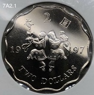 7A2.1香港貳圓 1997年【普通裝--鏡面/爆光靚品/全新未使用7A2.1】【回歸紀念版 和合二聖二元】 香港舊版錢幣・紀念幣 $50 (7A2.1)