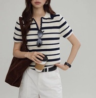 Joli Chose Color Block Stripe Rajutan Short Sleeve Polo Neck Casual Summer T-Shirt Womens Versatile