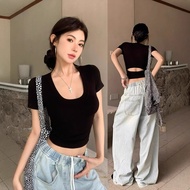 t shirt woman Black U-Neck Off-Waist Short Sleeve T-Shirt - Women's Summer Fashion