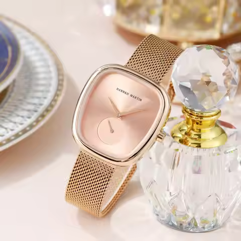 HANNAH MARTIN Top Brand Quartz Watch Women's 34mm Wine Barrel Rose Gold Black Stopwatch Fashionable