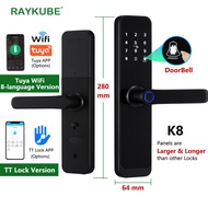 2023 NEW RAYKUBE K8 Tuya Wifi Smart Door Lock TT Lock Fingerprint Lock Digital Electric Lock With Longer Larger Handle Panels