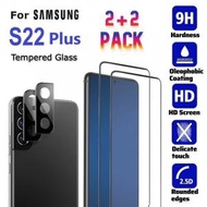 (2+2套裝) 三星 S22 Plus 鋼化玻璃貼, 黑邊全屏 9H 級耐刮花 + 黑色鋼化玻璃後鏡頭保護蓋, 高清無氣泡手機貼, 保護貼 2+2 雙重全面保護套裝, 三星 Samsung Galaxy S22 Plus 6.6"專用