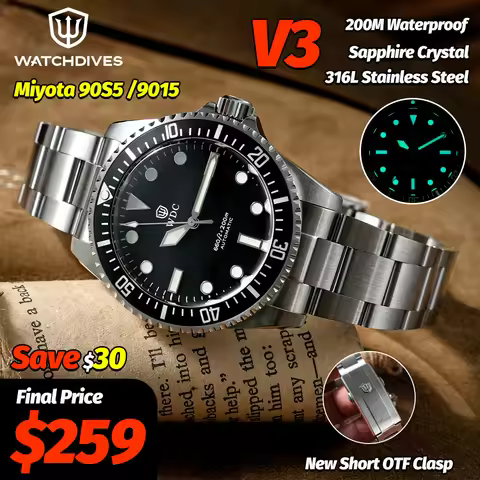 Watchdives WD5513M V3 Retro Mechanical Watch Miyota 90S5/9015 Automatic 40.7Mm Sapphire 20Atm Short 