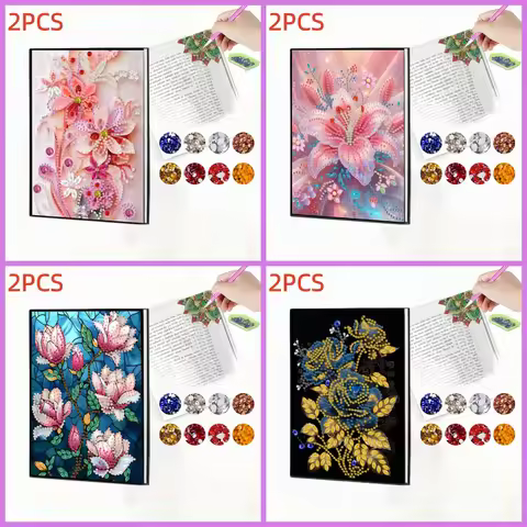 2pc, 1 Piece of Diamond Painting notebook + 1 piece of Bookmark, floral Pattern, PU leather, Noteboo