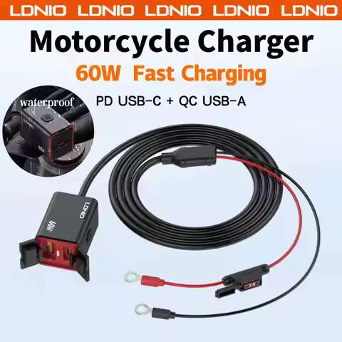 LDNIO Motorcycle USB Fast Charger 60W Handlebar Dual USB C UAB A Rearview Mirror Waterproof Power Su