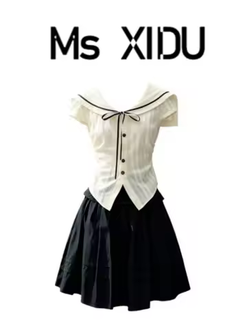 Ms XIDU Nautical Girl Summer Preppy Style Short Sleeve Shirt A-Line Skirt Two-Piece Set Navy Collar 