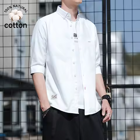 Summer 100% Cotton Oxford Cloth Men's Three Quarter Sleeve Shirt Grey Pocket Lapel Mid Sleeve Shirts