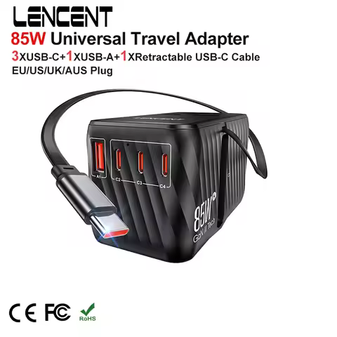 LENCENT 85W GaN Universal Travel Adapter with 1USB-A +3 Type C +1USB-C +1Retractable USB-CFast Charg