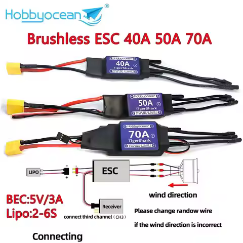 Hobbyocean Waterproof Brushless ESC 40A 50A 70A Electronic Speed Controller 5V/3A 2-6S for RC Boat 4