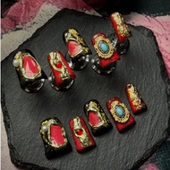 10pcs Handmade Women's Wearable Nail Stickers Fully Covered And Reusable, Short Duck Nail Red Cat Ey