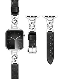 1入款時尚創意設計金屬手環,配搭黑色皮革錶帶,適用於apple Watch Ultra2 1 S9 Se 8 7 6 5 3 2 1系列,適用於智慧手錶38mm40mm41mm42mm44mm45mm49mm,適用於男女