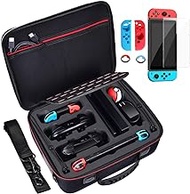 Diocall Deluxe Carrying Case Compatible with Nintendo Switch and Pro Controller, Accessories Bundle Includes Tempered Glass Screen Protector, Joy-con Silicone Case and Thumb Grips Caps