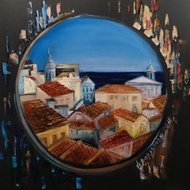 里斯本屋頂上的世界之窗。 城市景觀。 黑色拉伸棉帆布上的原創油