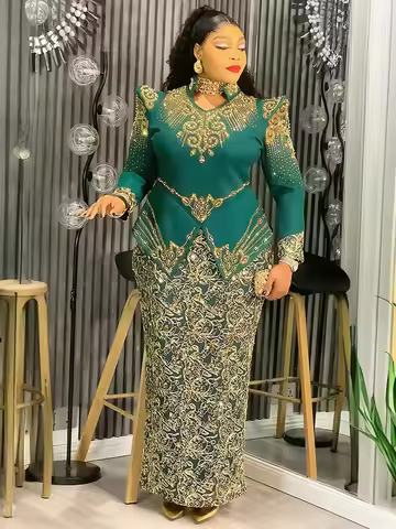 Luxury African Dresses For Women Elegant Long Sleeve Maxi Robe Ankara Dashiki Outfits Wedding Party