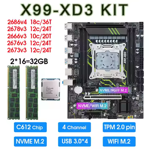 X99 DDR3 TPM 2.0 PIN Motherboard Combo kit Xeon E5 2673 2676 2666 2678 V3 2686 V4 CPU 32GB DDR3 1600