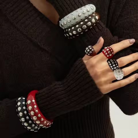 Vintage Punk Bracelet Ring Set Rhinestone Punk Chunky Bracelet Set Stackable Rivet Embellishment Res