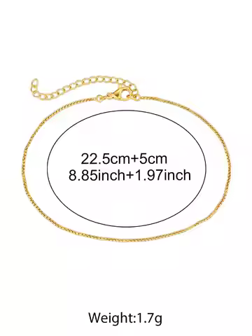 Gold-Tone Stainless Steel Box Chain Anklet For Women, Adjustable 22.5+5cm, Lightweight 1.7g, Summer 