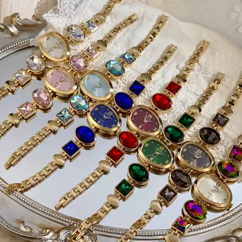 Ladies Watch: Smooth Pebble Case Colorful Gem-Set Band Elegant Brilliant Statement Watch