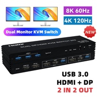 8K 60Hz Dual Monitor HDMI DP KVM Switch 2 in 2 out 4K 120Hz USB3.0 2x2 KVM Switch for 2 PC 2 Monitor