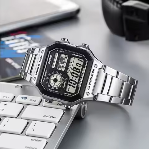 Casio AE1200WHD-1A Stainless Steel Band Digital Watch Waterproof Retro Silver Block Design Quartz El