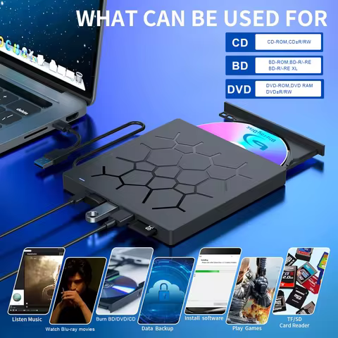 7 in 1 External Blu-ray Optical Drive, USB 3.0 USB-C 3D Blu-ray Burner with SD/TF Card Slot, BD DVD 