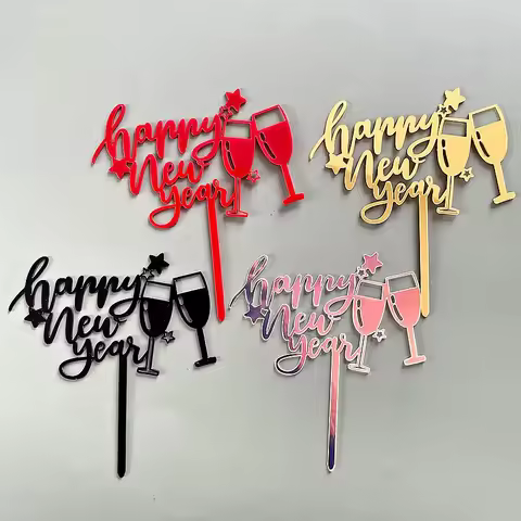 Acrylic Happy New Year Cake Topper Wine Glass Cheers to us Year's Eve Party Baking Decoration Favors