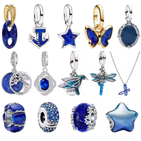 925 Silver Blue Pendent Bead Charm Necklace Purple Bird Vintage Anchor Star Butterfly Magic Mirror G