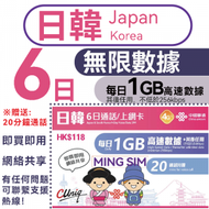 【日韓】日本 韓國 6日 每日1GB高速丨電話卡 上網咭 sim咭 丨無限數據 即買即用 網絡共享 20分鐘免費通話