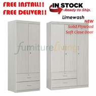 Furniture Living 2 / 3 Door Solid Plywood Wardrobe with NEW Soft Close Door (Limewash)