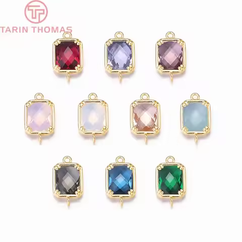 (372)4PCS 9x16MM Hole 1MM 24K Gold Color Plated Brass with Rectangle Colourful Glass Beads 2 holes C