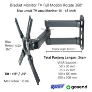 Wall Bracket FULL MOTION ROTARY Putar 360 Vertikal Horizontal CP102 for MONITOR PC TV LED 13-32 inch