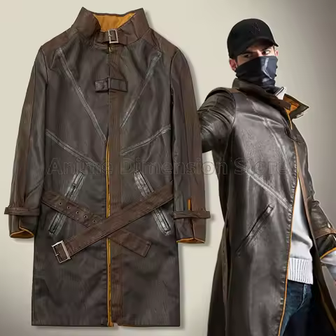CosplayAiden Pearce Faux Leather Trench Windbreaker Game Watch Dogs Cosplay Costumes Role Play Coat 