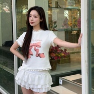 Angelababy Inspired Summer Bow Print Short Sleeve Ruffled T-Shirt for Women