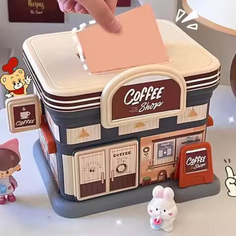Portable Store Shaped Money Box Plastic Key Lock Cash Box Students Creative Piggy Bank Safe Savings 