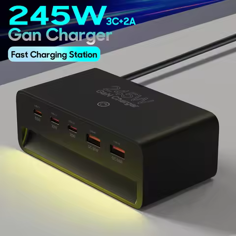 245W GaN Desktop Charger 5-Port USB C PD Fast Charging Station (65W+30W+30W USB-C, 60W QC 3.0 USB-A)