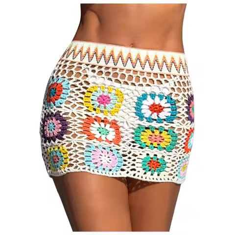 Ethnic Style Beachwear Cover Ups Crochet Floral Vintage Hollow Out Sarong Skirt Swimwear Women Bikin