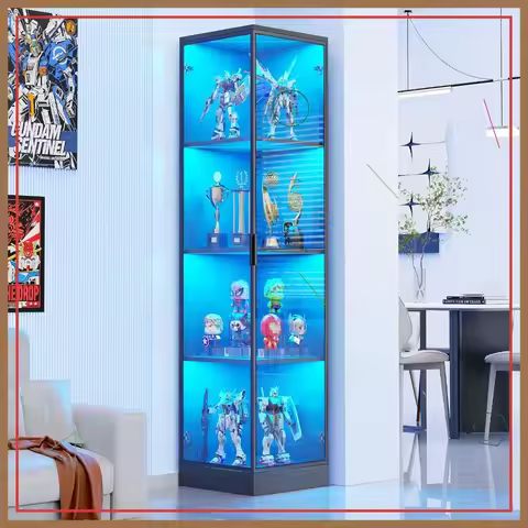4-Tier Corner Display Cabinet with LED Lights & Motion Sensor, Black Curio Case for Collectibles