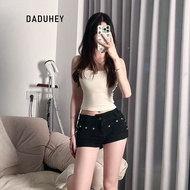 DaDuHey Hot Girl American New Low Waist Design Show Umbilical Black Rivet Denim Shorts