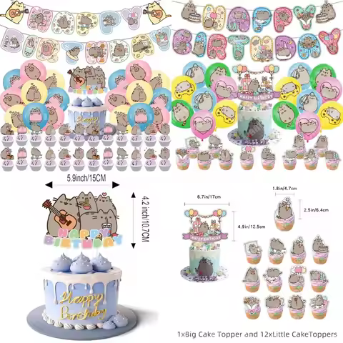 Cartoon Pusheen Theme Birthday Party Decoration DIY Birthday Balloons Cake Topper Backdrops Party Su