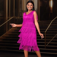 AOMEI Váy tua rua đỏ hồng dự tiệc cổ chữ V không tay cạp cao cho nữ, váy dạ hội khiêu vũ sinh nhật g