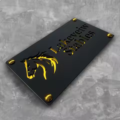 Stable Name Wall Plaque UK Precision Cut Acrylic House Number Sign Matt Black & Rose Gold Mirror Hor