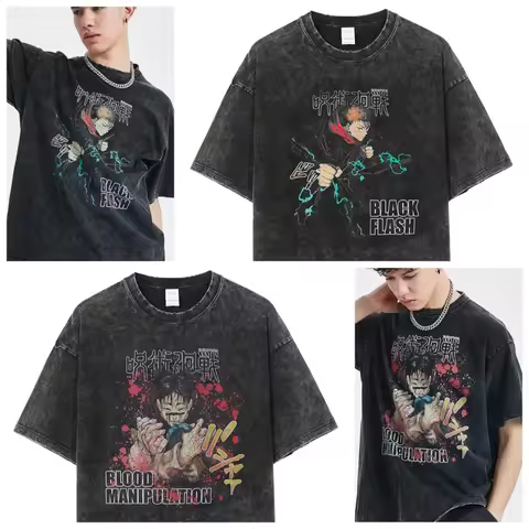 Anime Jujutsu Kaisen Gojo Satoru T-Shirt Washed Men Women 100% Cotton Harajuku T-Shirt Ryomen Sukuna