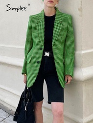 discount Simplee Houndstooth green pocket office blazer women Causal doublebutton lapel suit blazer