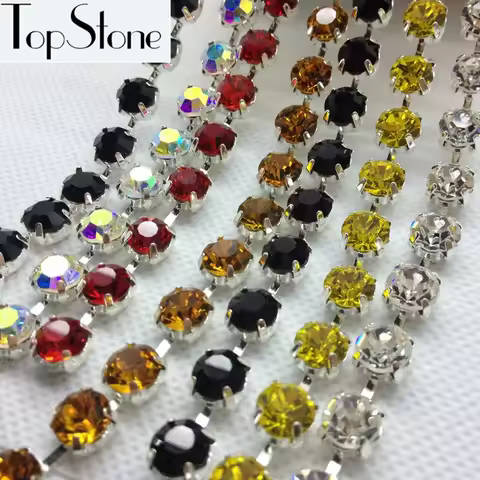 TopStone High Quality Colors SS28 SS38 Crystal Rhinestone Round Cup Chain Silver Base For Jewelry, D