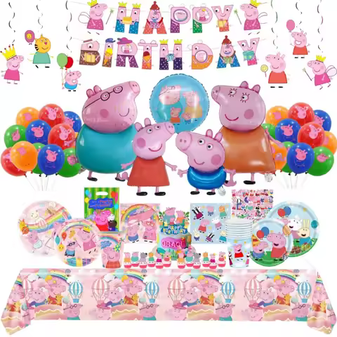 Peppa Pig Birthday Party Decoration Set with George Balloons Disposable Tableware Banner Backdrop - 
