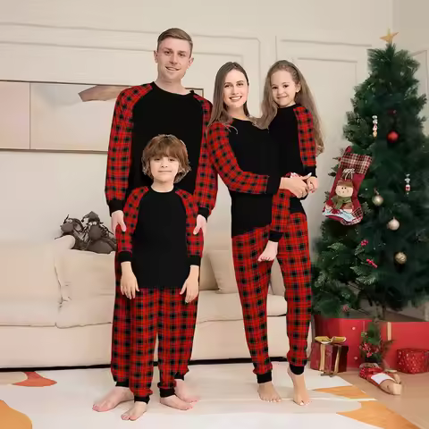 Blank Plaid Print Christmas Pajamas Set for Family Full Sleeve O Neck 2 Pieces Suit Sleepwear Adults